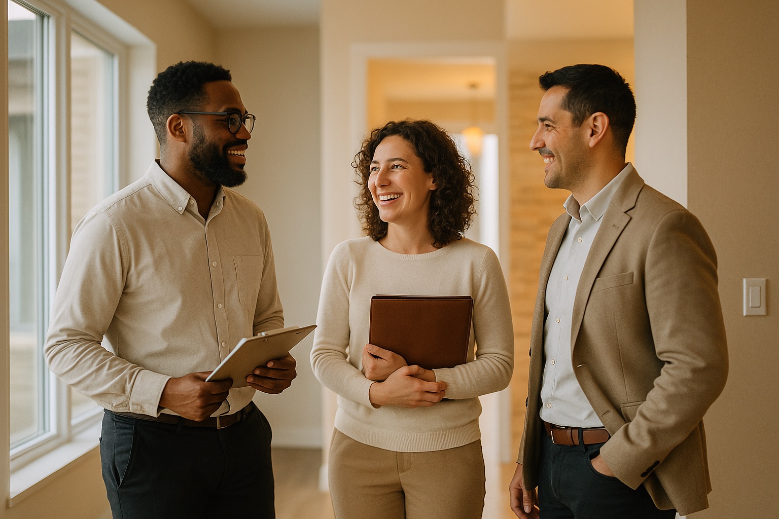 Three real estate agents smiling together in a bright modern home