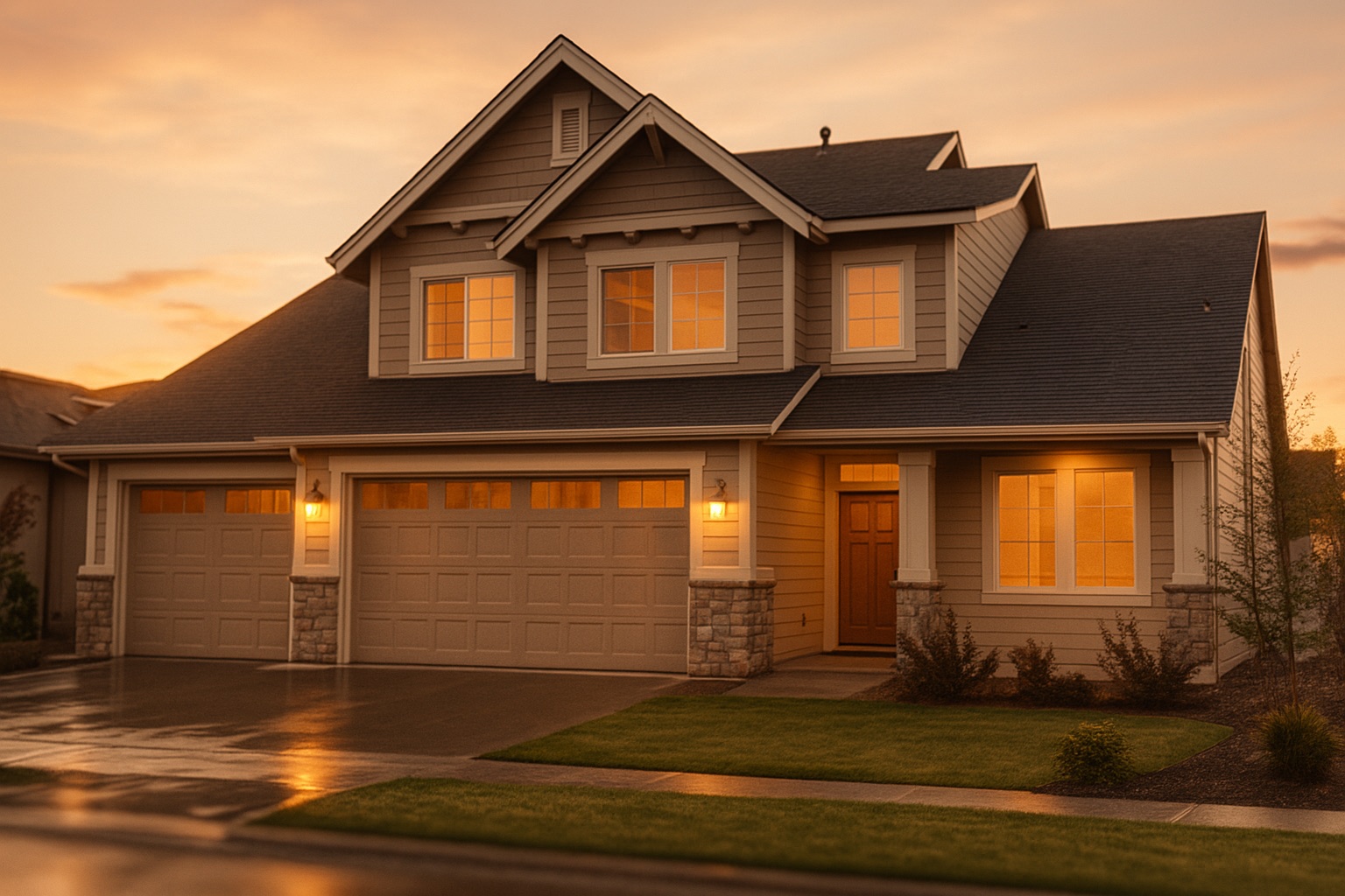 Welcoming modern home at golden hour